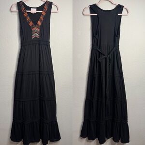Romeo & Juliet Couture Maxi Dress Beaded Sleeveless Tiered Black Medium Cotton